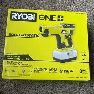 Ryobi 18V electrostatic sprayer kit with battery and charger.